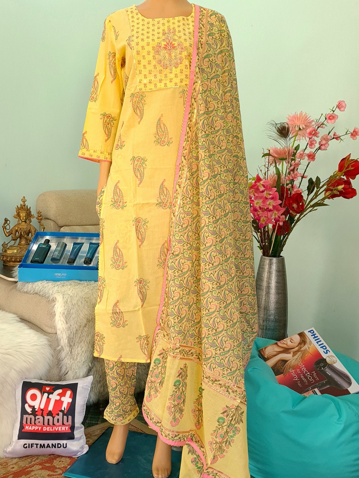 Yellow Cotton Kurta Suit with Shawl - Size 44