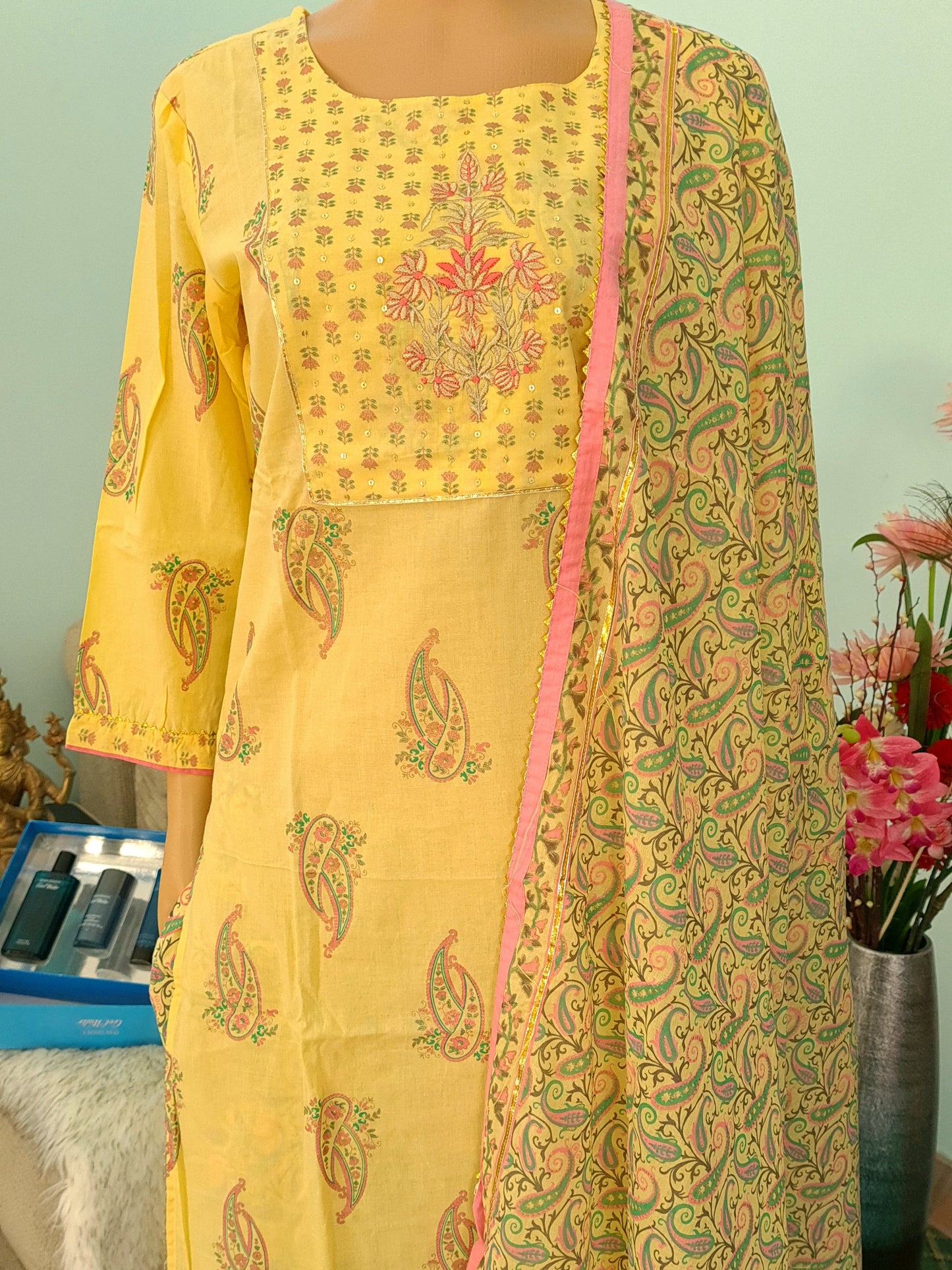 Yellow Cotton Kurta Suit with Shawl - Size 44