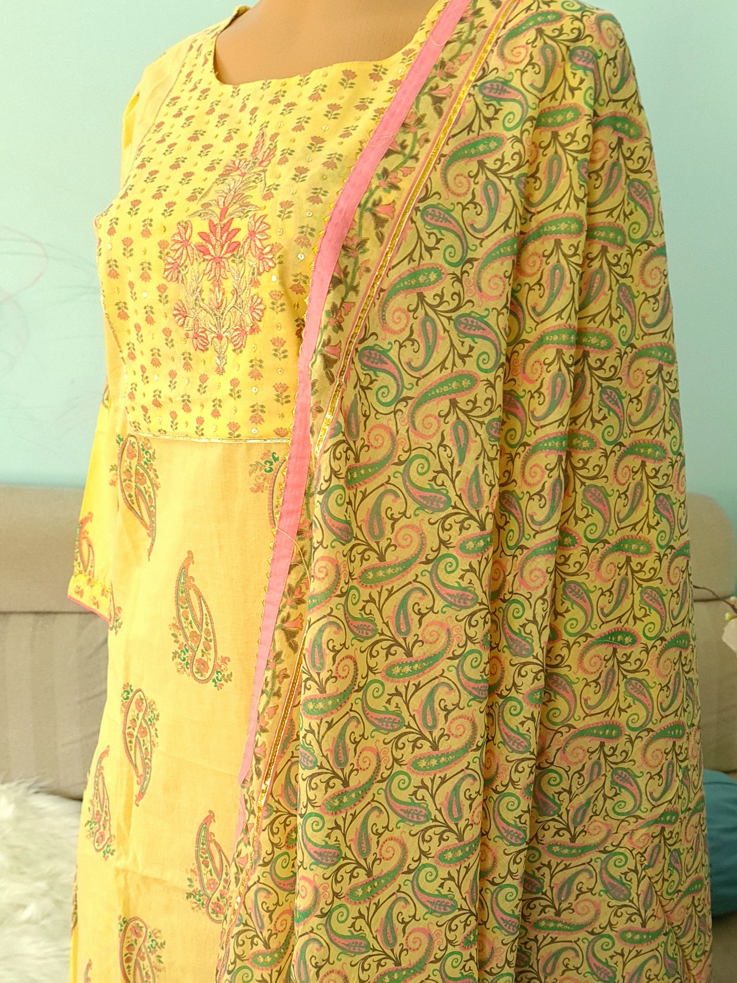 Yellow Cotton Kurta Suit with Shawl - Size 44