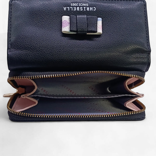 Chrisbella Tri-Fold Black Leather Purse