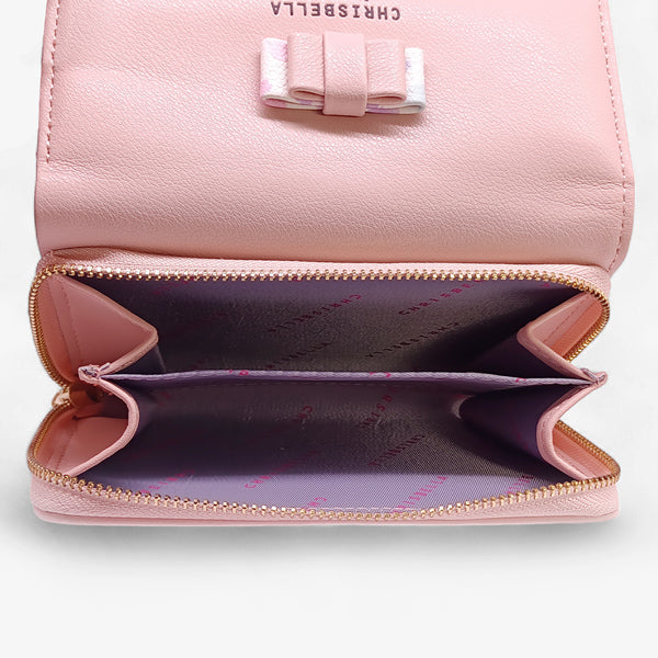 Elegant Chrisbella Tri-Fold Pink Leather Wallet