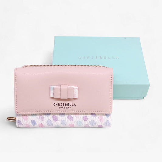 Elegant Chrisbella Tri-Fold Pink Leather Wallet