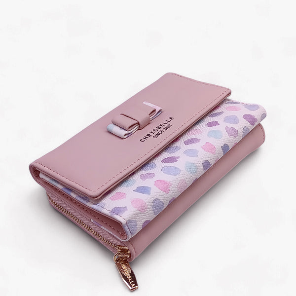 Elegant Chrisbella Tri-Fold Pink Leather Wallet