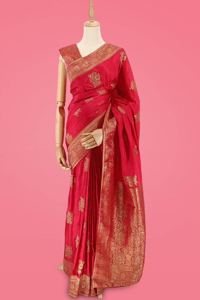 Elegant Red Banglori Silk Saree with Floral Embroidery