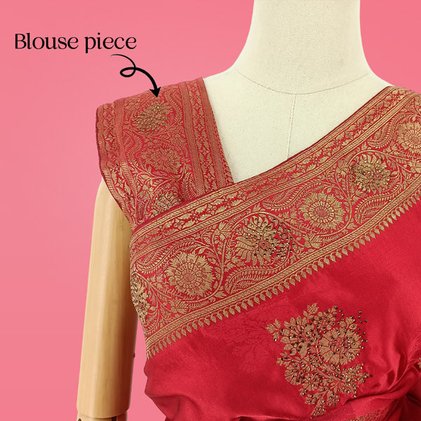 Elegant Red Banglori Silk Saree with Floral Embroidery