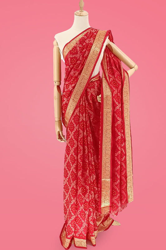 Red Vichitra Silk Saree with Colorful Dots