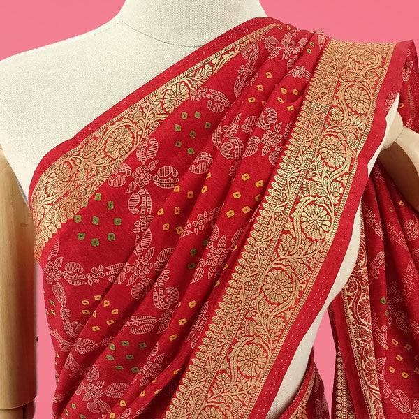 Red Vichitra Silk Saree with Colorful Dots