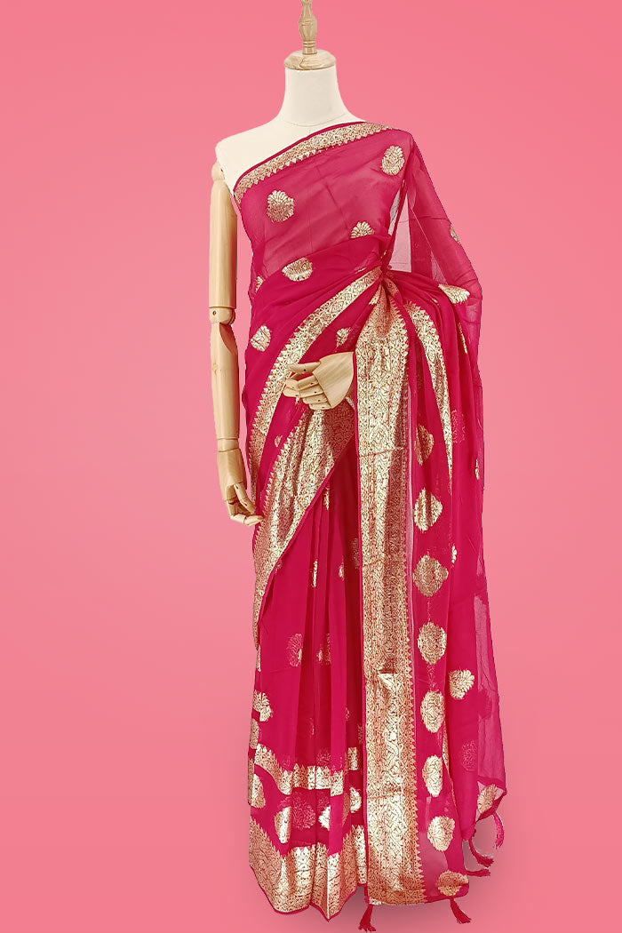 Pink Viscose Silk Saree with Golden Floral