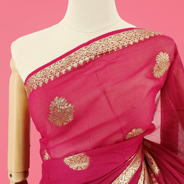 Pink Viscose Silk Saree with Golden Floral