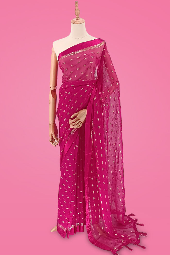 Dark Pink Chiffon Saree Embellished with Golden Dots