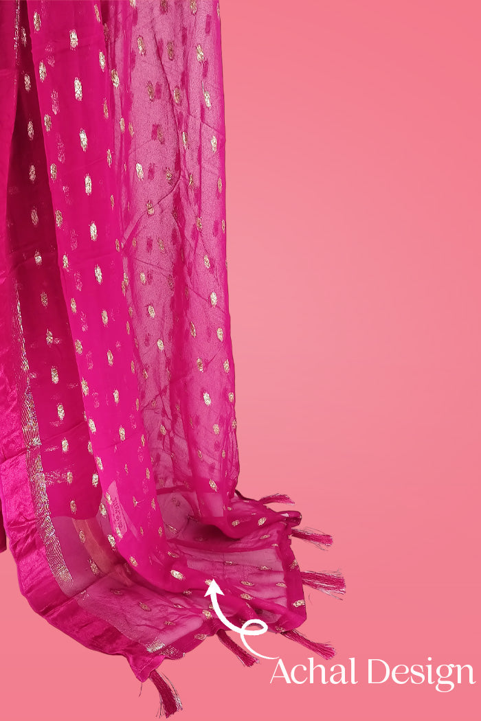 Dark Pink Chiffon Saree Embellished with Golden Dots