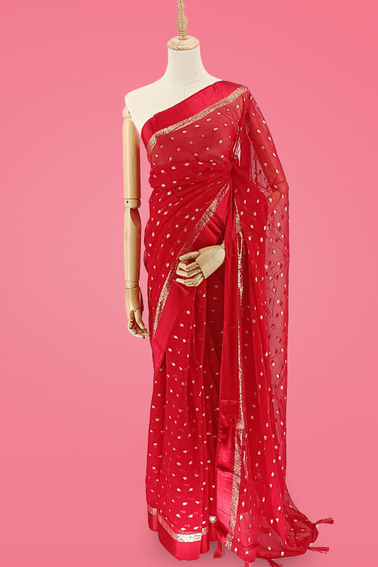 Red Chiffon Saree with Golden Dots