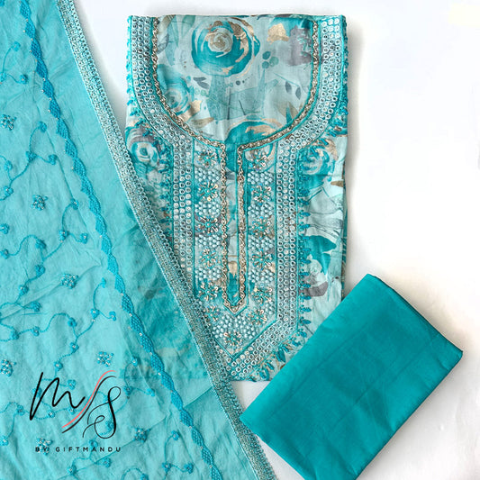 Aqua Blue Cotton Kurta Set with Floral Embroidery and Bead Accents