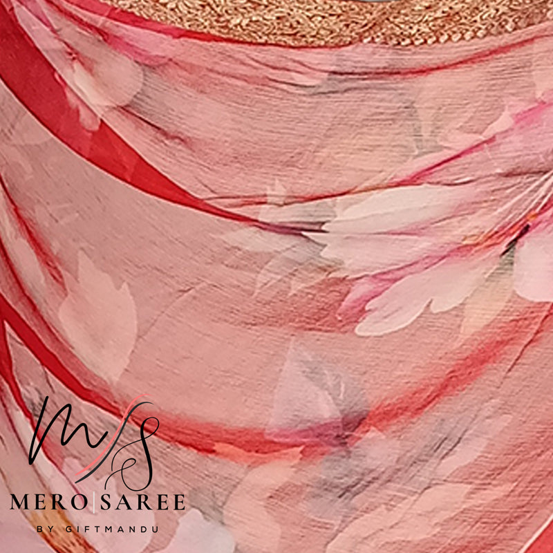 Red Pure Chiffon Saree Adorned with Floral Design