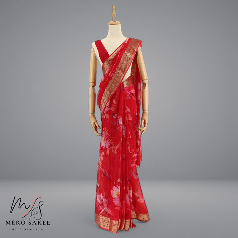 Red Pure Chiffon Saree Adorned with Floral Design